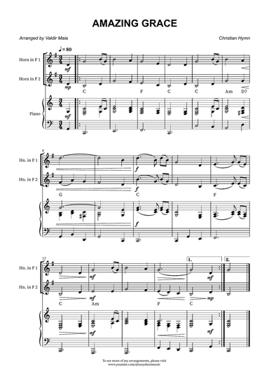 Amazing Grace - French Horn Duet with Piano Accompaniment and Chord Symbols
