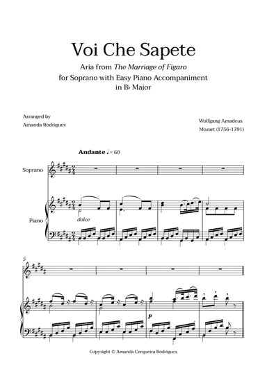 Voi Che Sapete from "The Marriage of Figaro" - Easy Soprano and Piano Aria Duet in B Major