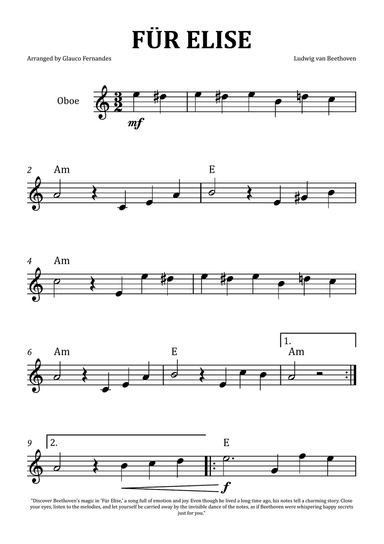 Für Elise by Beethoven - Oboe Solo with Chord Notation