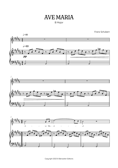 Schubert Ave Maria in B Major • tenor voice sheet music with easy piano accompaniment