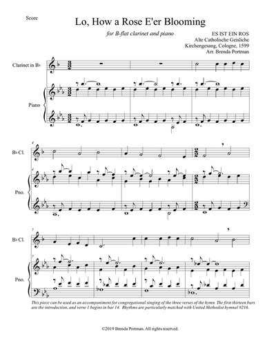 Lo, How a Rose E'er Blooming (clarinet/piano), arr. Brenda Portman