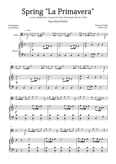 "Spring" (La Primavera) by Vivaldi - Easy version for VIOLA & PIANO
