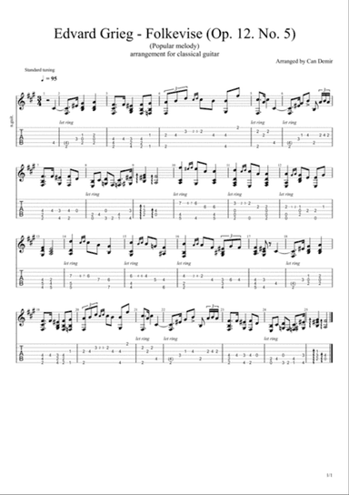 Edvard Grieg - Folkevise (Op. 12: No. 5) classical guitar arrangement with tablature and score