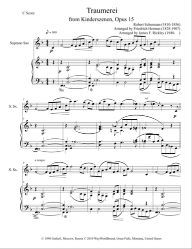 Traumerei from Kinderszenen, Opus 15 for Soprano Saxophone and Keyboard