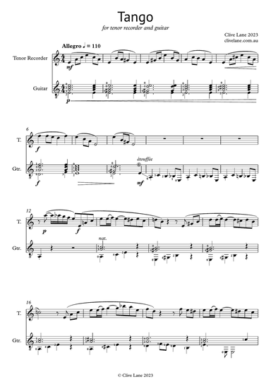 Tango for tenor recorder and guitar