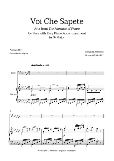 Voi Che Sapete from "The Marriage of Figaro" - Easy Bass and Piano Aria Duet in Gb Major