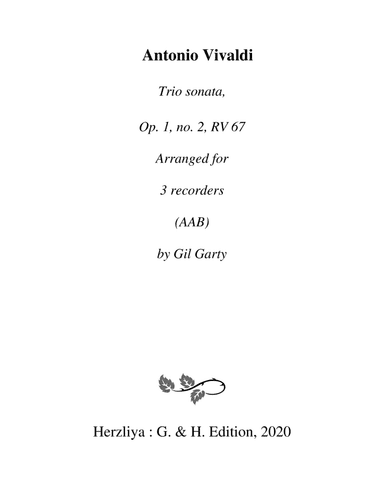 Trio sonata Op.1, no.2 RV 67 (Arrangement for 3 recorders (AAB))