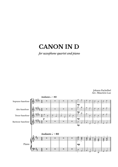 Canon in D for Saxophone Quartet and Piano