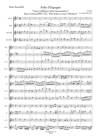J S Bach La Folie d´Espagne - Unser trefflicher - Peasant Cantata, BWV 212. Flute Ensemble (Picc, F