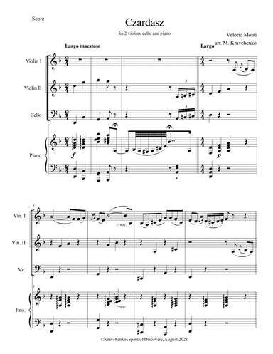 Vittorio Monti - Czardas arr. for piano quartet - 2 violins, cello and piano (score and parts)