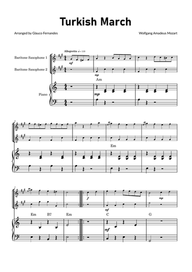 Turkish March by Mozart - Baritone Saxophone Duet with Piano and Chord Notations
