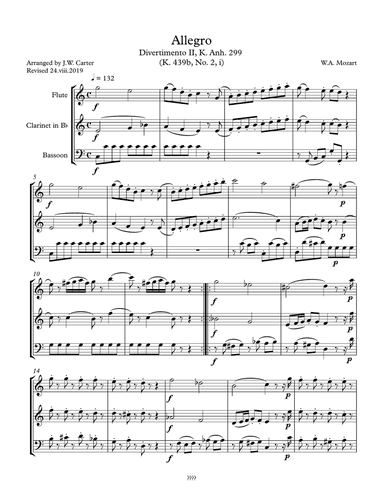 Allegro, Divertimento II, K. Anh. 299 (K. 439, No. 2, i), by W.A. Mozart, arranged for Flute, Clarin