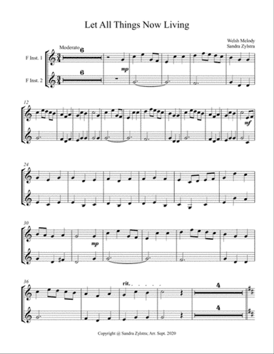 Let All Things Now Living (treble F instrument duet -parts only)