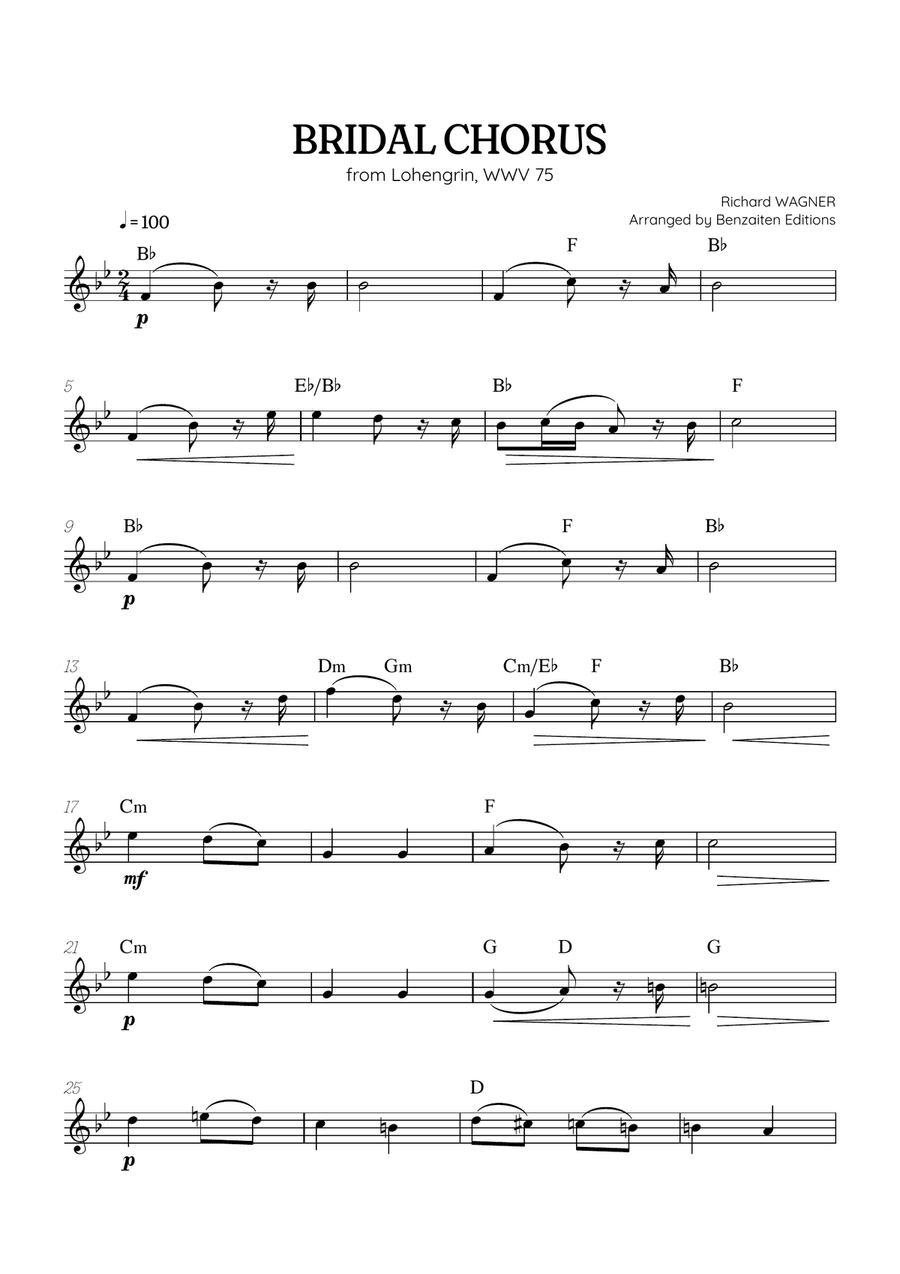Wagner • Here Comes the Bride (Bridal Chorus) from Lohengrin | flute sheet music w/ chords