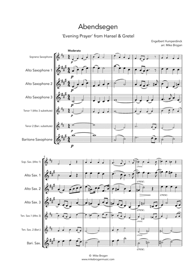 Evening Prayer (Abendsegen), Humperdinck - flexible saxophone quartet (SATB, AATB, AAAB, AAAT, AATT)