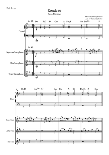 Rondeau (from Abdelazer) for Saxophone Trio and Piano Accompaniment with Chords