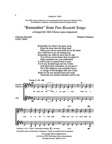 Two Rossetti Songs: 2. Remember (Downloadable)
