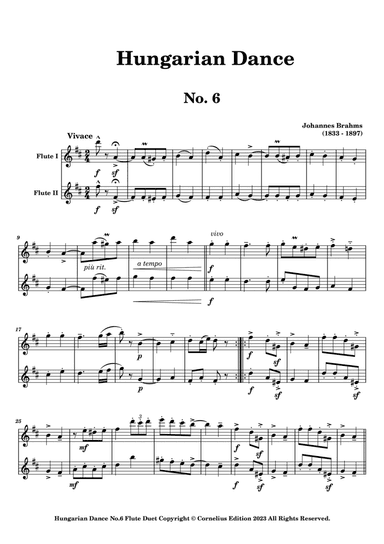 Johannes Brahms Hungarian Dance No, 6 for Flute Duet. Ungarischer Tanz Nr. 6 Woodwind ensemble.
