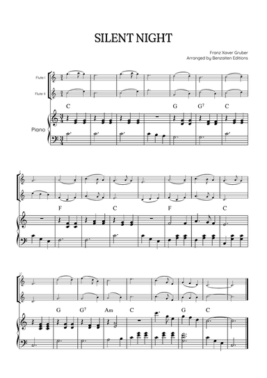 Silent Night for flute duet with piano accompaniment • easy Christmas song sheet music (w/ chords)