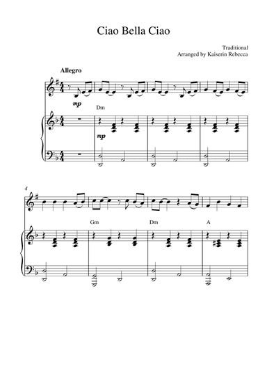 Ciao Bella Ciao (for clarinet in B flat solo and piano accompaniment)
