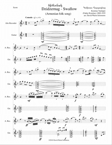 Swallow ԾԻԾԵՌՆԱԿ (Dzidzernag) arranged for alto recorder and guitar