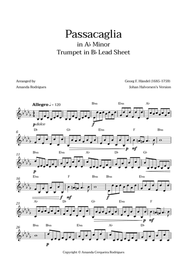 Passacaglia - Easy Trumpet in Bb Lead Sheet in Abm Minor (Johan Halvorsen's Version)