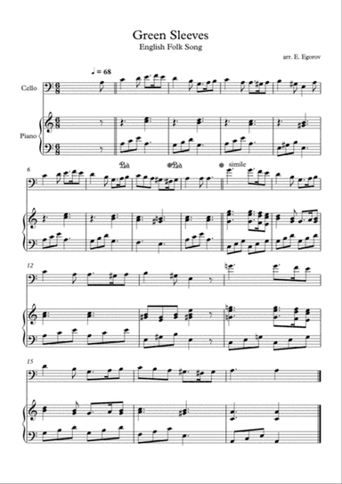Greensleeves (What Child is This), English Folk Song, For Cello & Piano