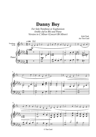 Danny Boy for Solo Trombone/Euphonium in Bb (treble clef) and Piano. Version in C Minor (Concert Bb