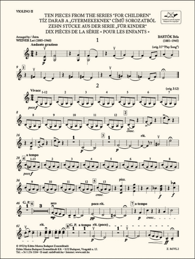 Ten Pieces from the Series 'For Children'-Violin 2