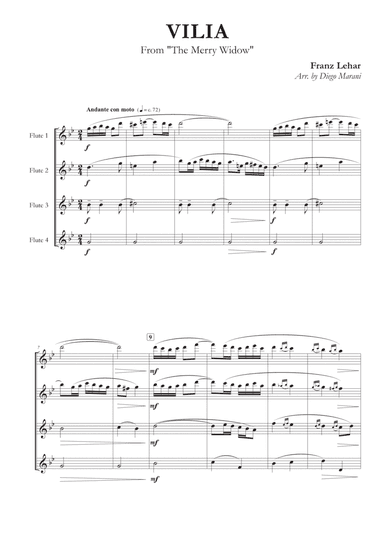 Vilia from "The Merry Widow" for Flute Quartet