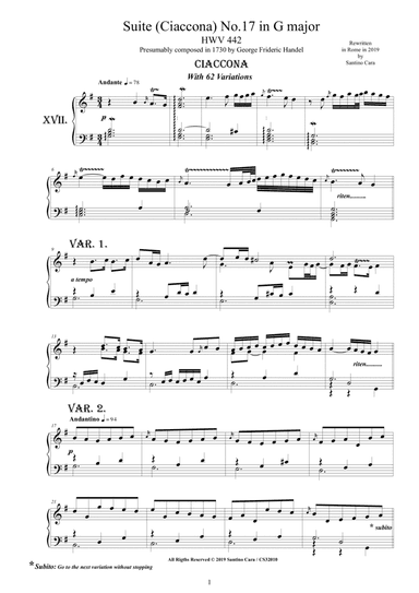 Handel - Piano Suite No.17 (Ciaccona with 62 variations) in G major HWV 442