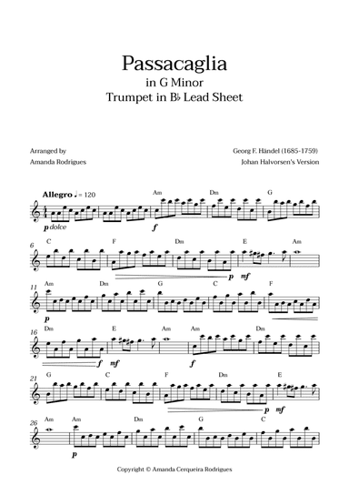 Passacaglia - Easy Trumpet in Bb Lead Sheet in Gm Minor (Johan Halvorsen's Version)