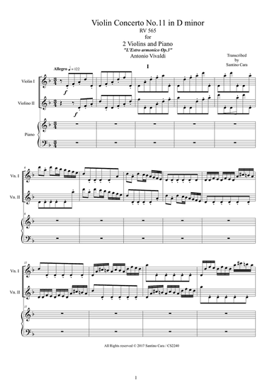 Vivaldi - Violin Concerto No.11 in D minor RV 565 Op.3 for Two Violins and Piano