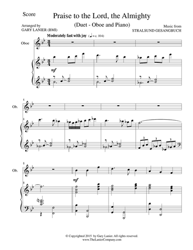 PRAISE TO THE LORD, THE ALMIGHTY (Duet – Oboe and Piano/Score and Parts)