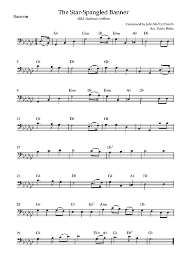 The Star Spangled Banner (USA National Anthem) for Bassoon Solo with Chords (Gb Major)