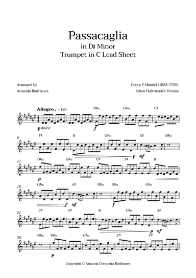 Passacaglia - Easy Trumpet in C Lead Sheet in D#m Minor (Johan Halvorsen's Version)