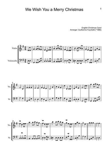 English Christmas Carol - We Wish You a Merry Christmas. Arrangement for Violin and Cello.