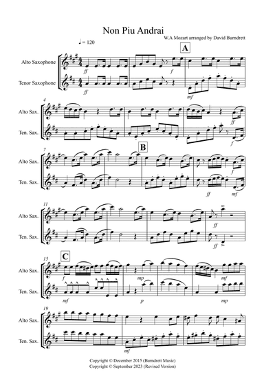 Non Piu Andrai for Alto and Tenor Saxophone Duet