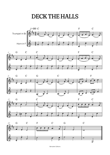 Deck the Halls trumpet and french horn duet • easy Christmas song sheet music w/ chords