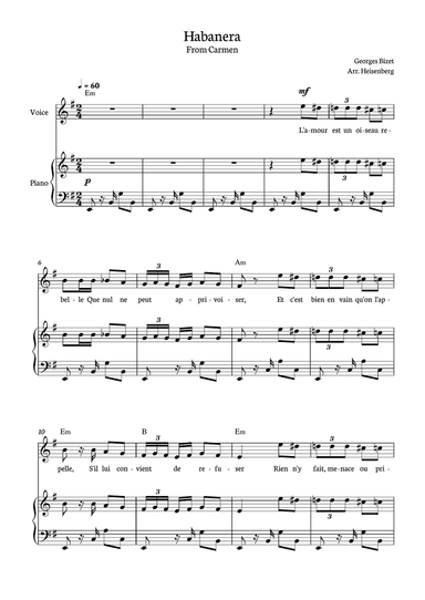 Habanera - Carmen for piano, chords and voice in E minor.