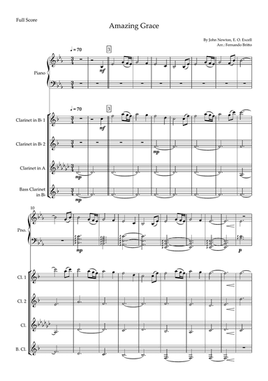 Amazing Grace (John Newton, E. O. Excell) for Clarinet Quartet and Piano Accompaniment with Chords