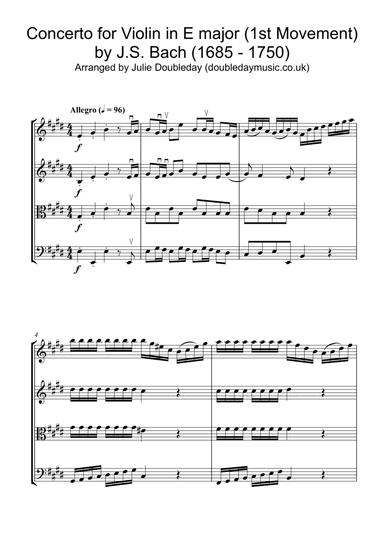 Bach: Concerto for Violin in E major Mov 1 for String Quartet - Score and Parts