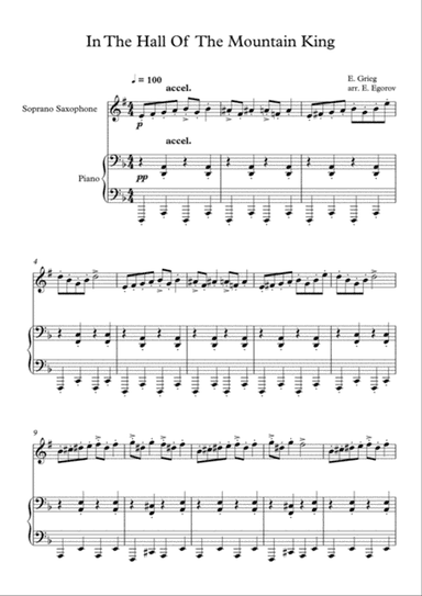 In The Hall Of The Mountain King, Edvard Grieg, For Soprano Sax & Piano