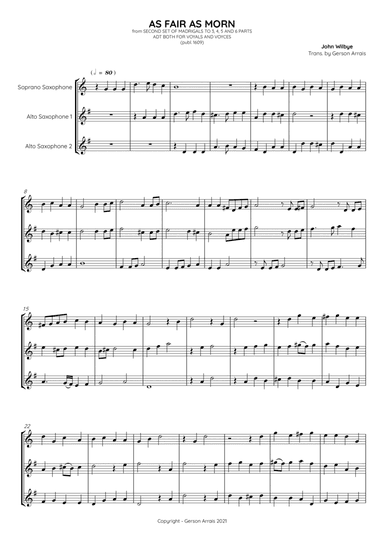 AS FAIR AS MORN - John Wilbye - Saxofone trio - Score and Parts