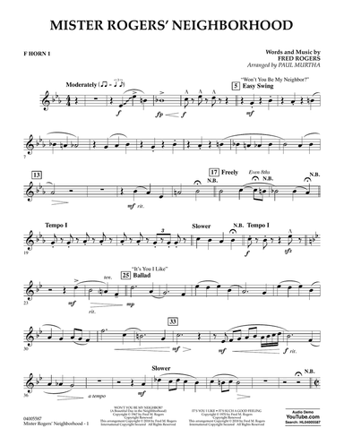 Mister Rogers' Neighborhood (Arr. Paul Murtha) - F Horn 1