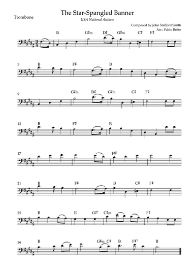 The Star Spangled Banner (USA National Anthem) for Trombone Solo with Chords (B Major)