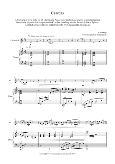 Czardas - A feisty gypsy-style romp for Bb Clarinet & Piano. No safety net supplied!