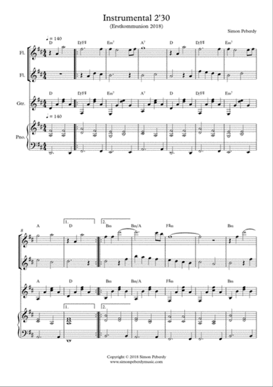 Melodious Instrumental Interlude 2'30 in D for 2 flutes, guitar and/or piano by Simon Peberdy