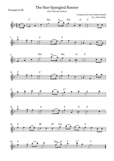 The Star Spangled Banner (USA National Anthem) for Trumpet in Bb Solo with Chords (Eb Major)