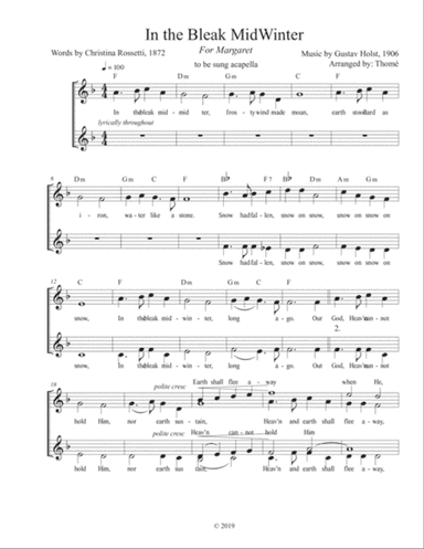 In the Bleak Midwinter for SSAA ensemble